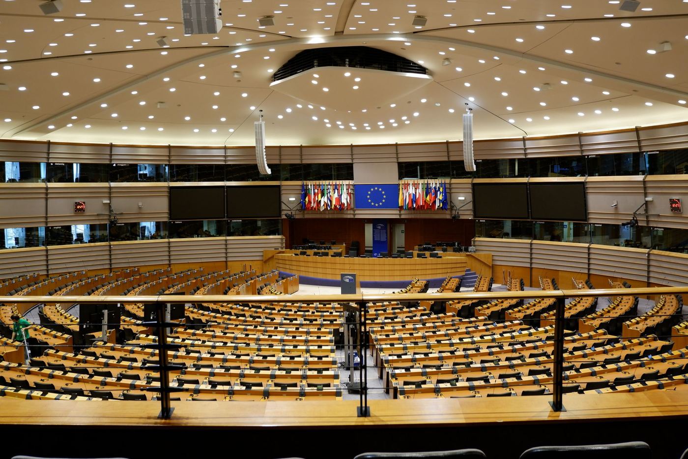 The empty debating chamber of the European Parliament in Brussels.